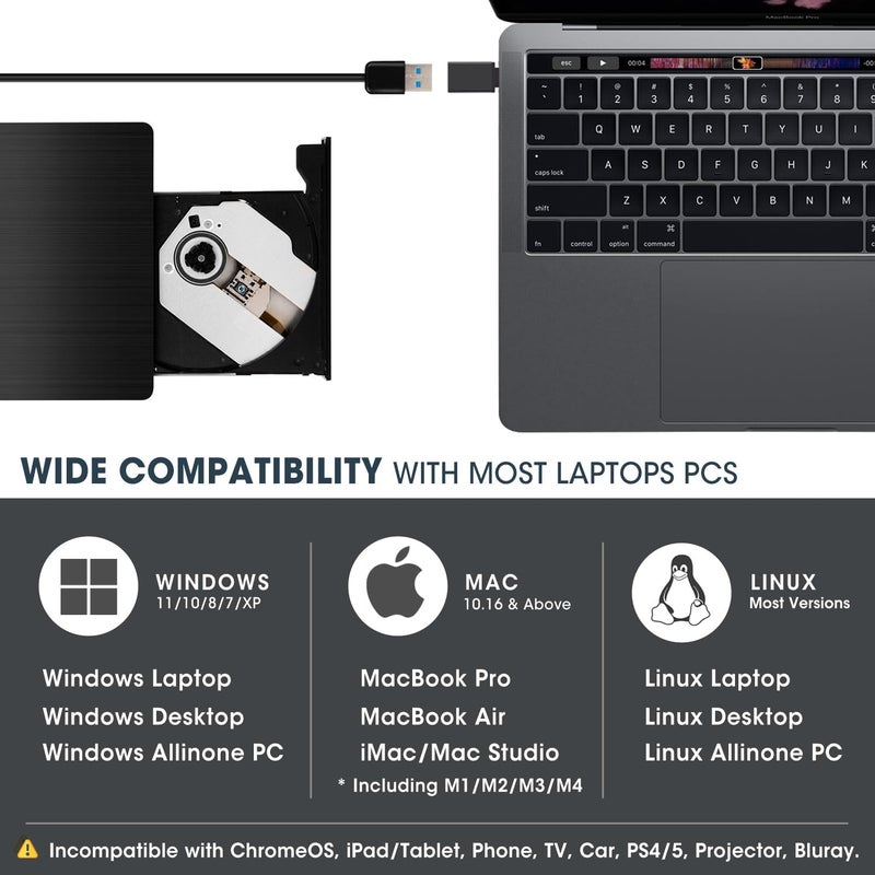 ROOFULL External CD DVD Drive for Laptop, USB 3.0 Type-C Portable CD/DVD Player Burner Reader Writer Adapter for Windows 11/10 Computer Mac MacBook Linux PC - Image 4